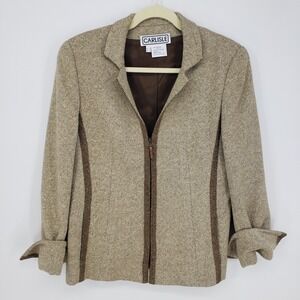 Vintage Carlisle Wool Silk Herringbone Blazer Jacket Womens 8 Brown Tweed Zip Up